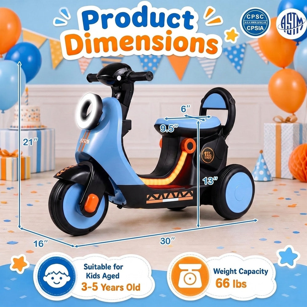 Blue 6V electric ride-on motorcycle for kids aged 3-5 years, featuring LED headlight and multi-terrain wheels for safe fun.