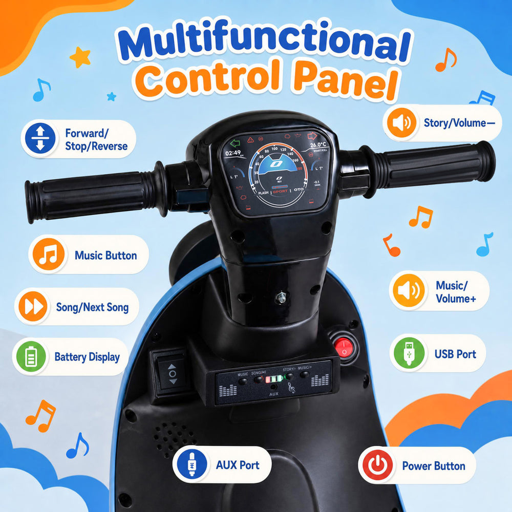 Multifunctional control panel of the blue 6V electric ride-on motorcycle features music buttons, USB port, and battery display.