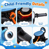 Child-friendly electric ride-on motorcycle in blue features LED headlight, cozy seat with backrest, and easy-grip handles.