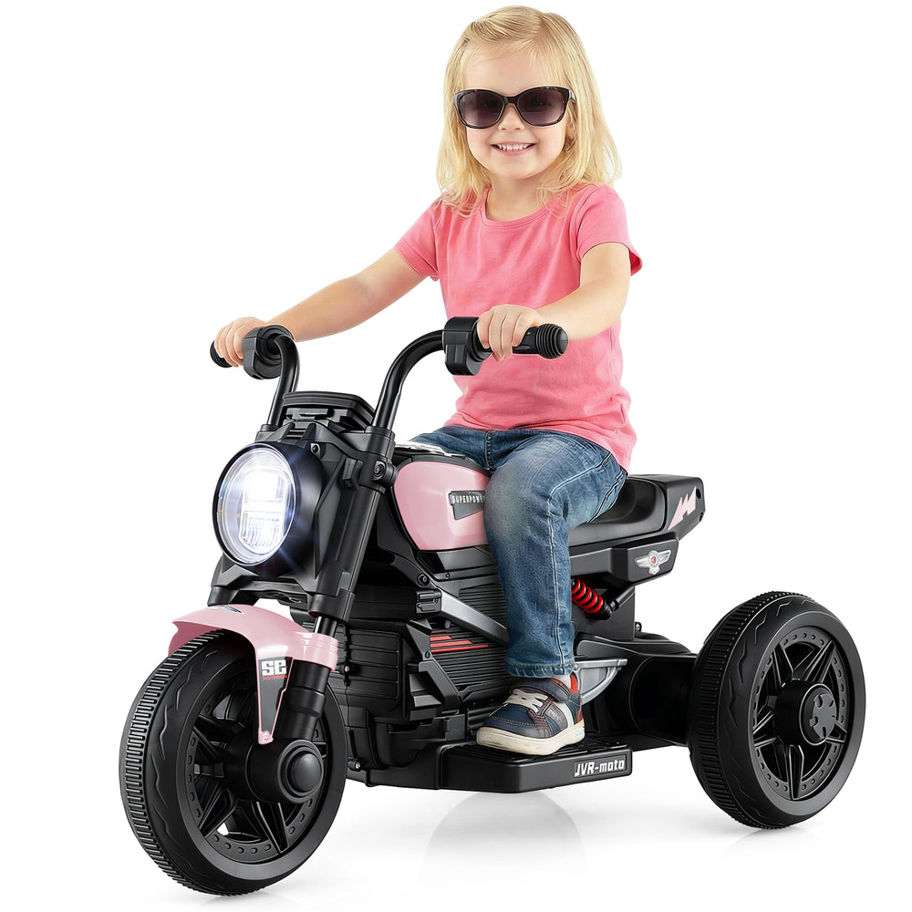 Kids electric motorcycle in pink with LED headlight, music player, and stable 3-wheel design for ages 3-5.