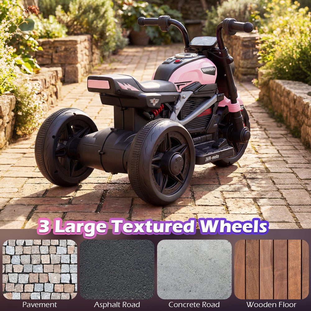 Kids electric motorcycle in pink with 3 large textured wheels, LED headlight, and music features for toddlers aged 3-5.