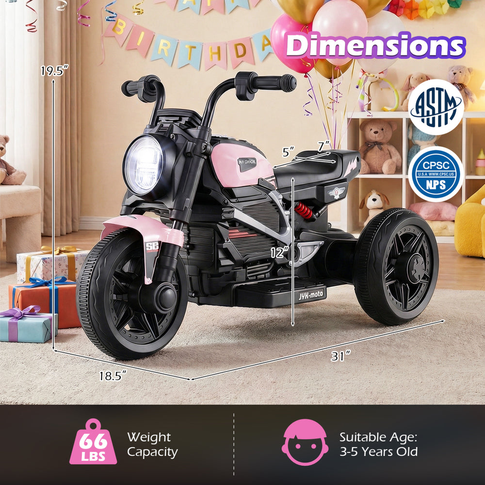 Kids electric motorcycle in pink with LED headlight, designed for ages 3-5, featuring stable 3-wheel construction.