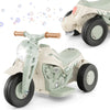 Kids electric ride-on motorcycle in beige with bubble maker, music function, and LED headlight for safe, fun rides.