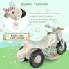 Kids electric ride-on motorcycle in beige with bubble maker, music function, and supportive footrest for fun rides.