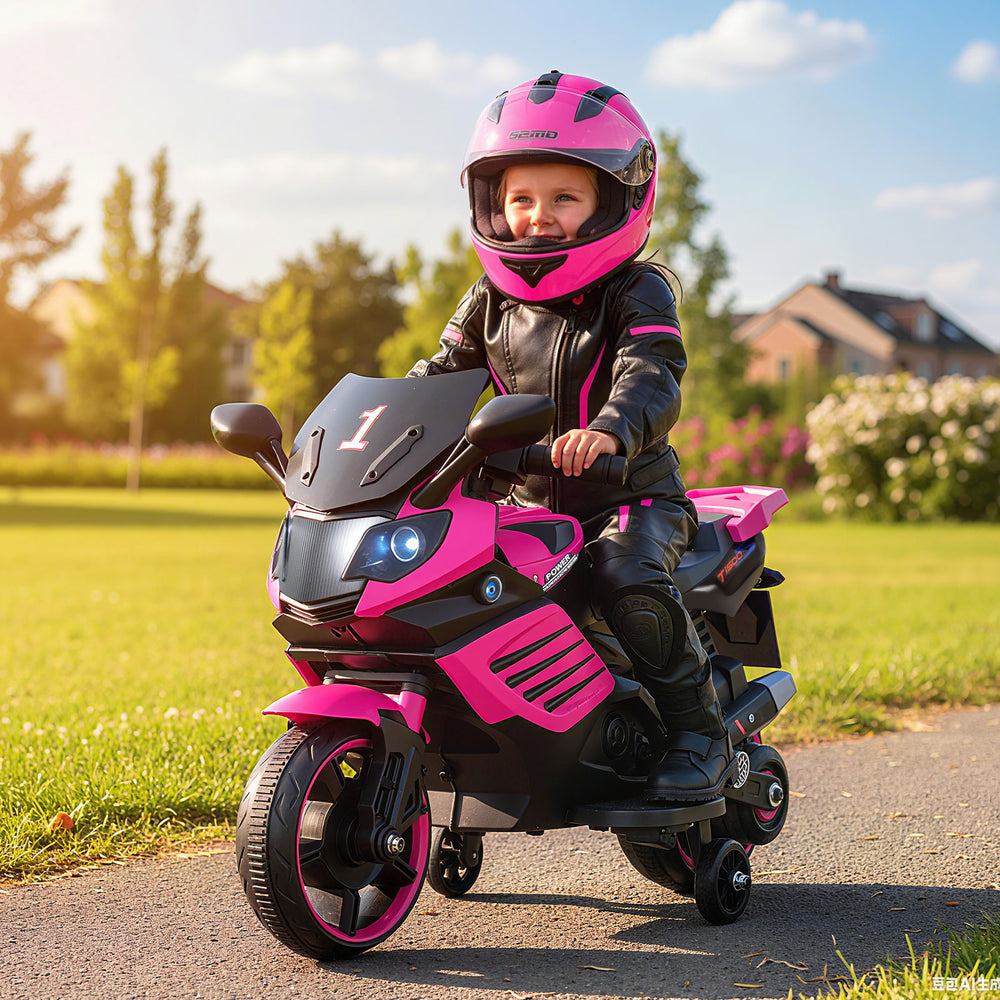 6V Kids Motorcycle with Headlights Music and Detachable Training Wheels-Pink - Gallery View 1 of 11