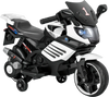 Kids motorcycle in white with headlights, music, and detachable training wheels for safe outdoor fun.