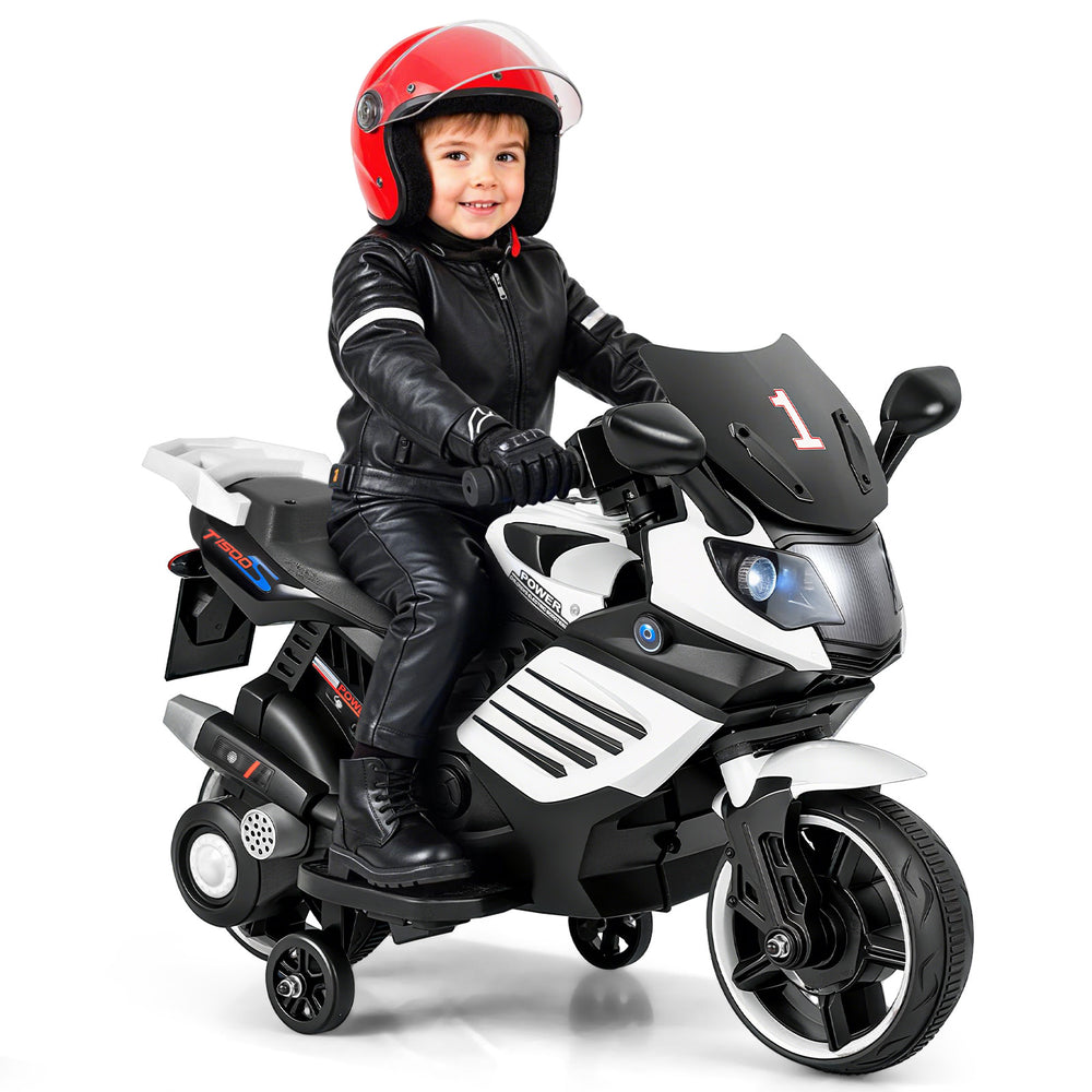 Kids motorcycle in white with detachable training wheels, LED headlights, and music features for fun outdoor rides.