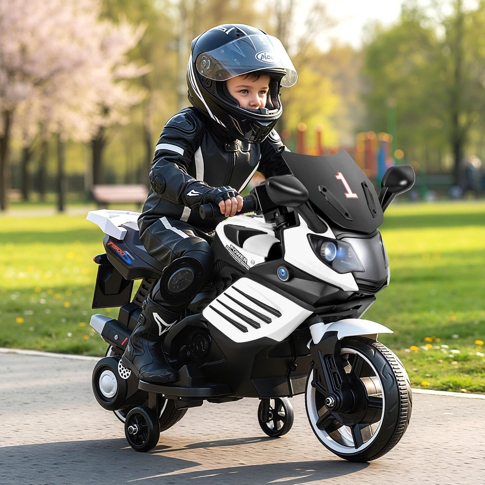 Side view of the 6V kids motorcycle in white showcasing the sporty design, headlights, and comfortable seating for.
