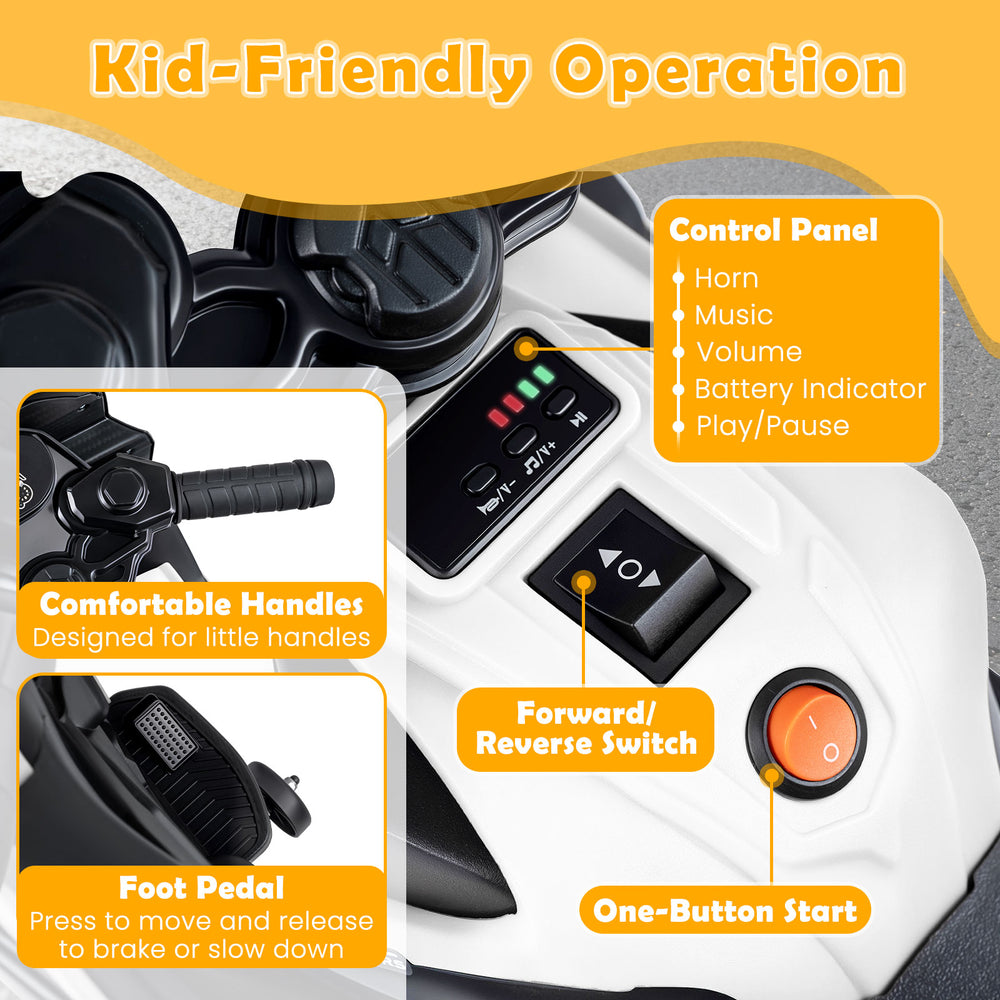 Control panel of the 6V kids motorcycle with horn, music, volume, and one-button start for easy operation.