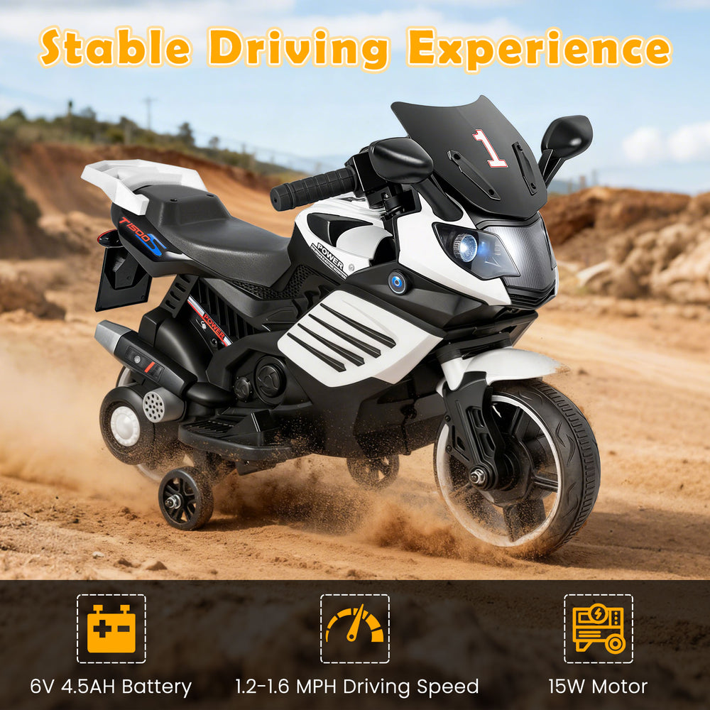 Kids motorcycle in white with headlights, music, detachable training wheels, and 6V battery for safe outdoor fun.