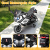 Kids motorcycle in white with LED headlights, detachable training wheels, and a windshield for safe, fun riding.