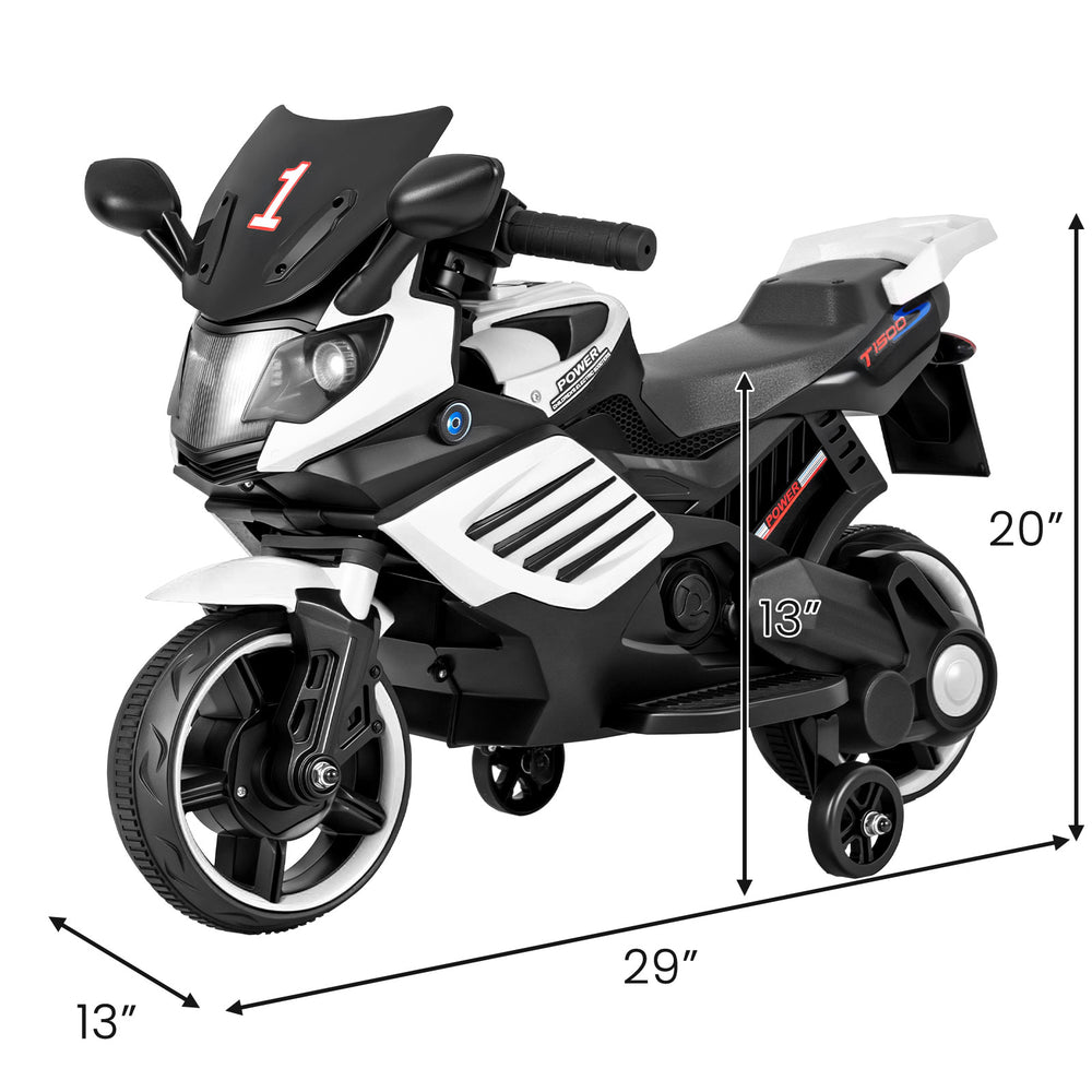 6V kids motorcycle in white with detachable training wheels, headlights, and music features for safe outdoor fun.