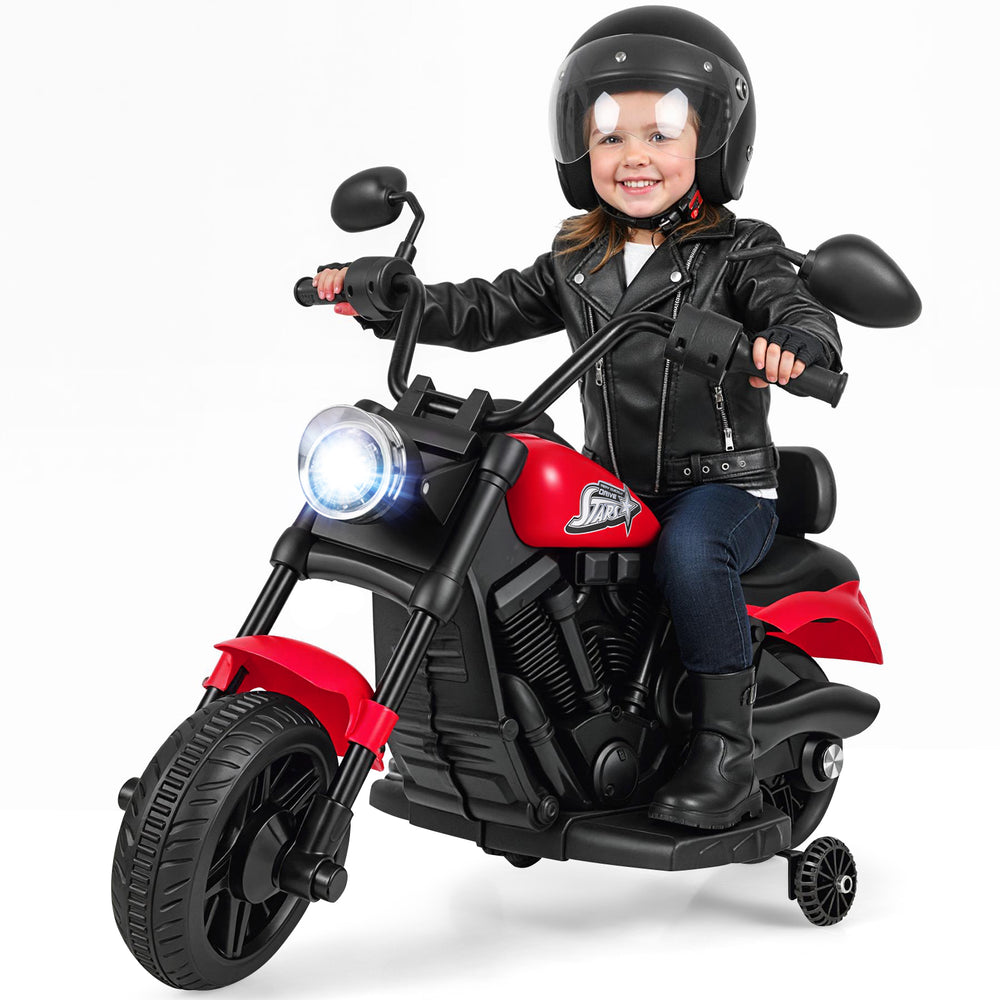 Kids motorcycle in red with headlight, training wheels, and comfortable seat for safe riding fun.