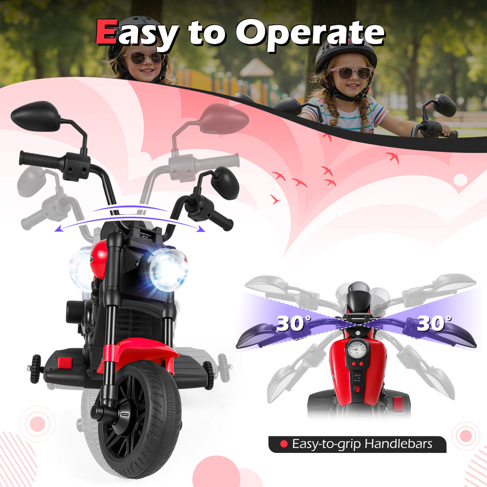 Red 6V kids motorcycle with easy-to-grip handlebars, bright headlights, and detachable training wheels for safe riding.