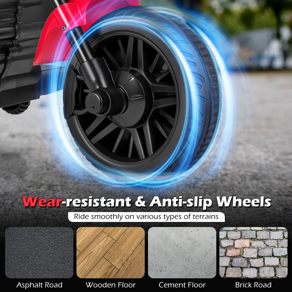 Close-up of the wear-resistant, anti-slip wheels of the 6V Kids Motorcycle, designed for various terrains like asphalt.