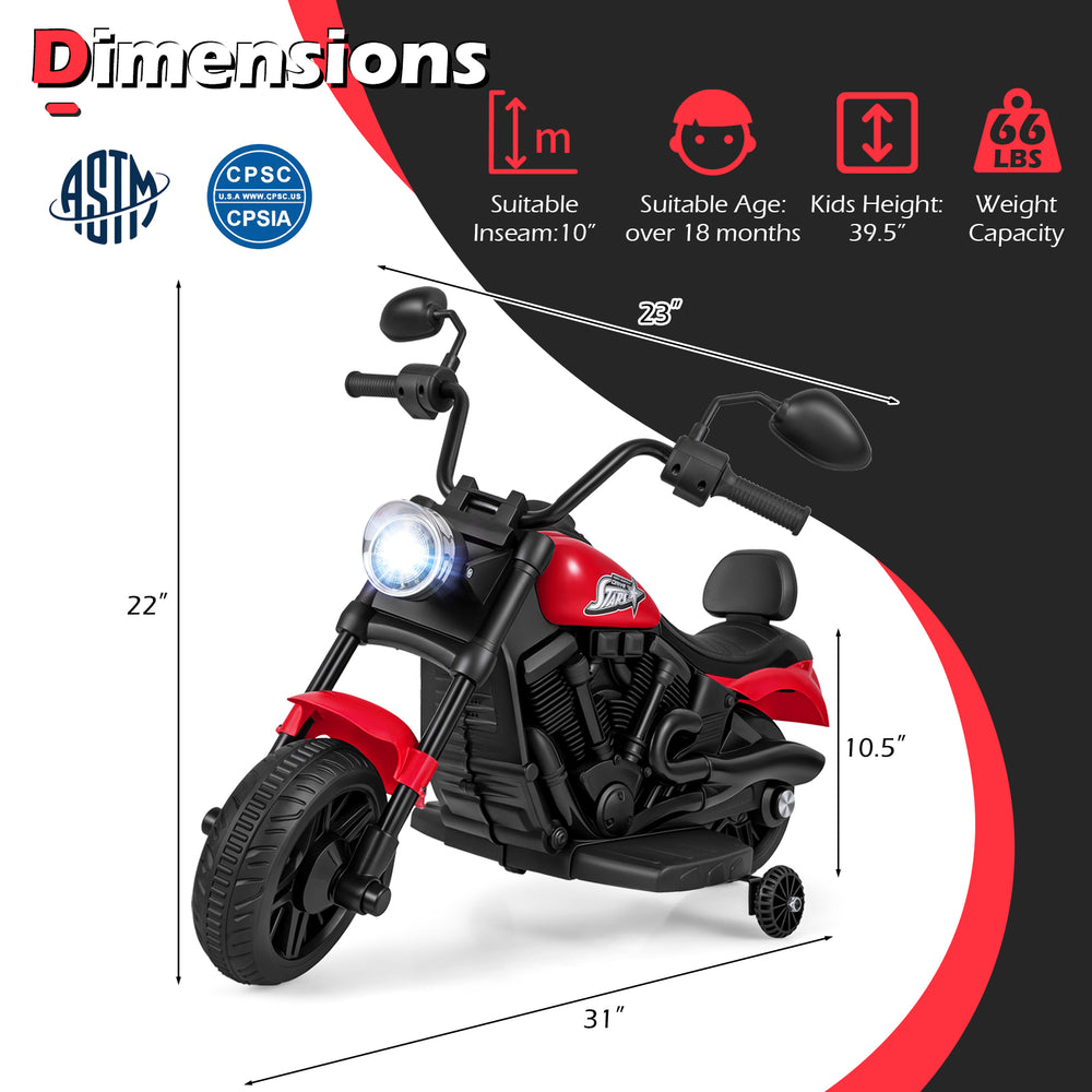 Red 6V kids motorcycle with headlight, training wheels, and cozy seat, designed for safe riding and easy.