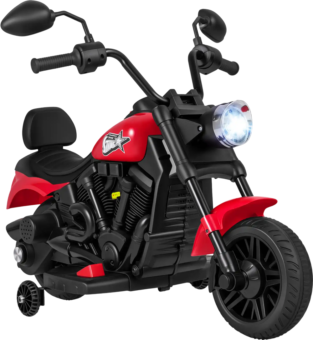 Red 6V kids motorcycle with headlight, training wheels, and comfortable seat for safe riding and fun playtime.