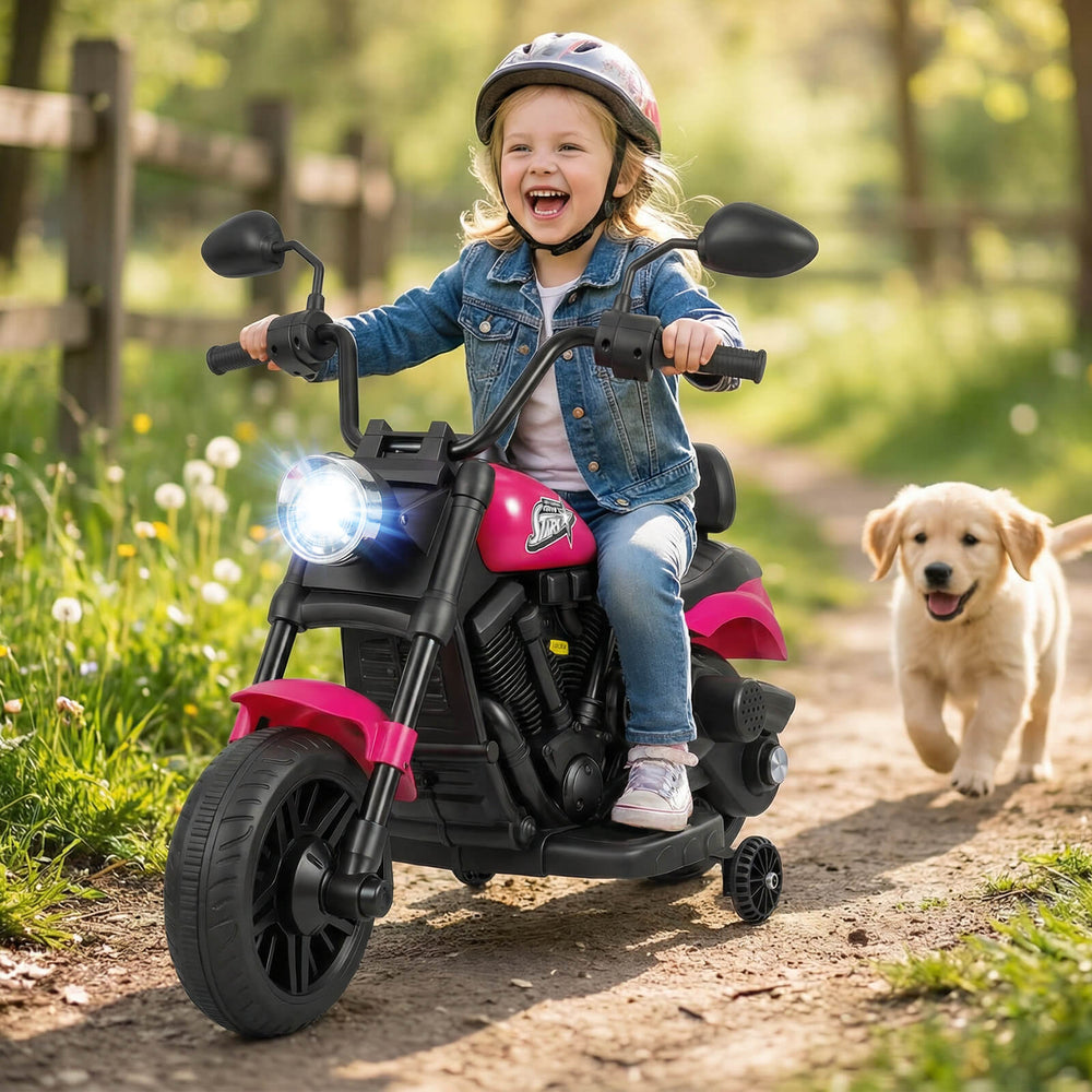 6V Kids Motorcycle with Headlight and Music and Training Wheels-Pink - Gallery View 1 of 11
