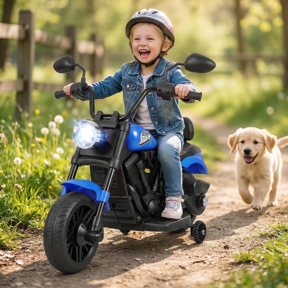 6V Kids Motorcycle with Headlight and Music and Training Wheels-Navy - Gallery View 1 of 11