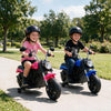 Two kids riding a pink and blue 6V motorcycle with detachable training wheels in a park, designed for ages 2-5.