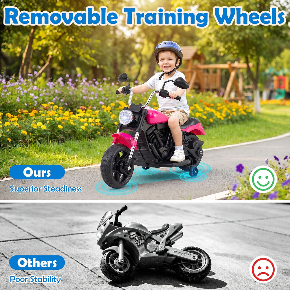 Pink 6V kids motorcycle with detachable training wheels, designed for ages 2-5, offers superior steadiness and music features.