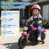 Pink 6V kids motorcycle with detachable training wheels, 25W motor, and music features for ages 2-5.