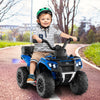 Kids ride-on ATV in blue with spray function, storage box, and music features, designed for safe outdoor fun.