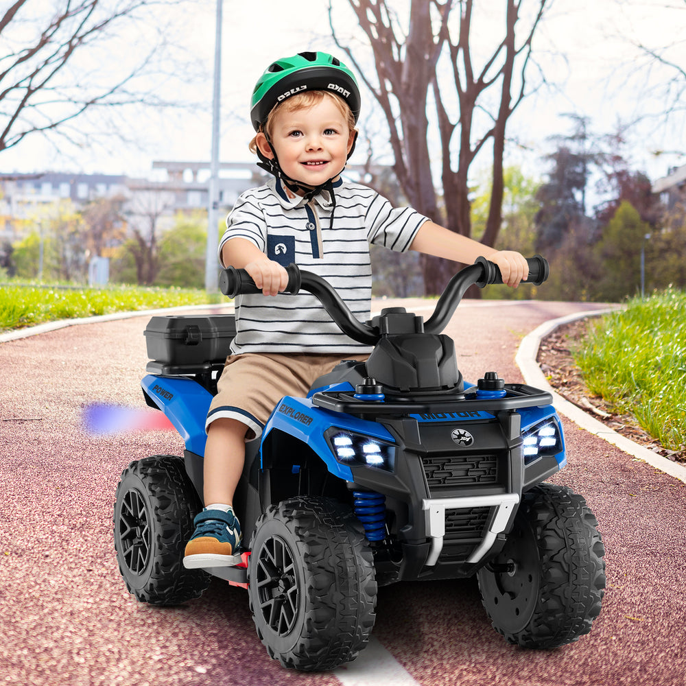 Kids ride-on ATV in blue with spray function, storage box, and music features, designed for safe outdoor fun.