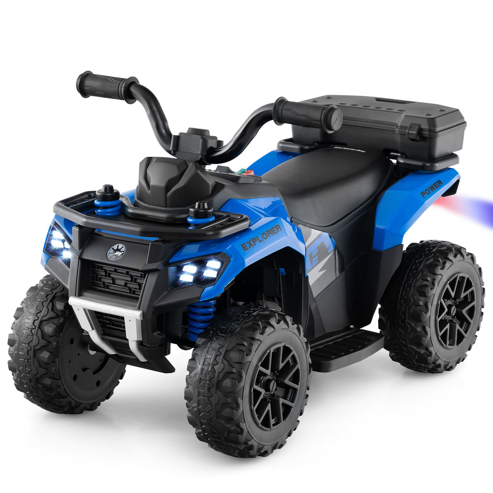 Blue 6V kids ride-on ATV with spray function, storage box, and music, designed for safe, fun outdoor adventures.