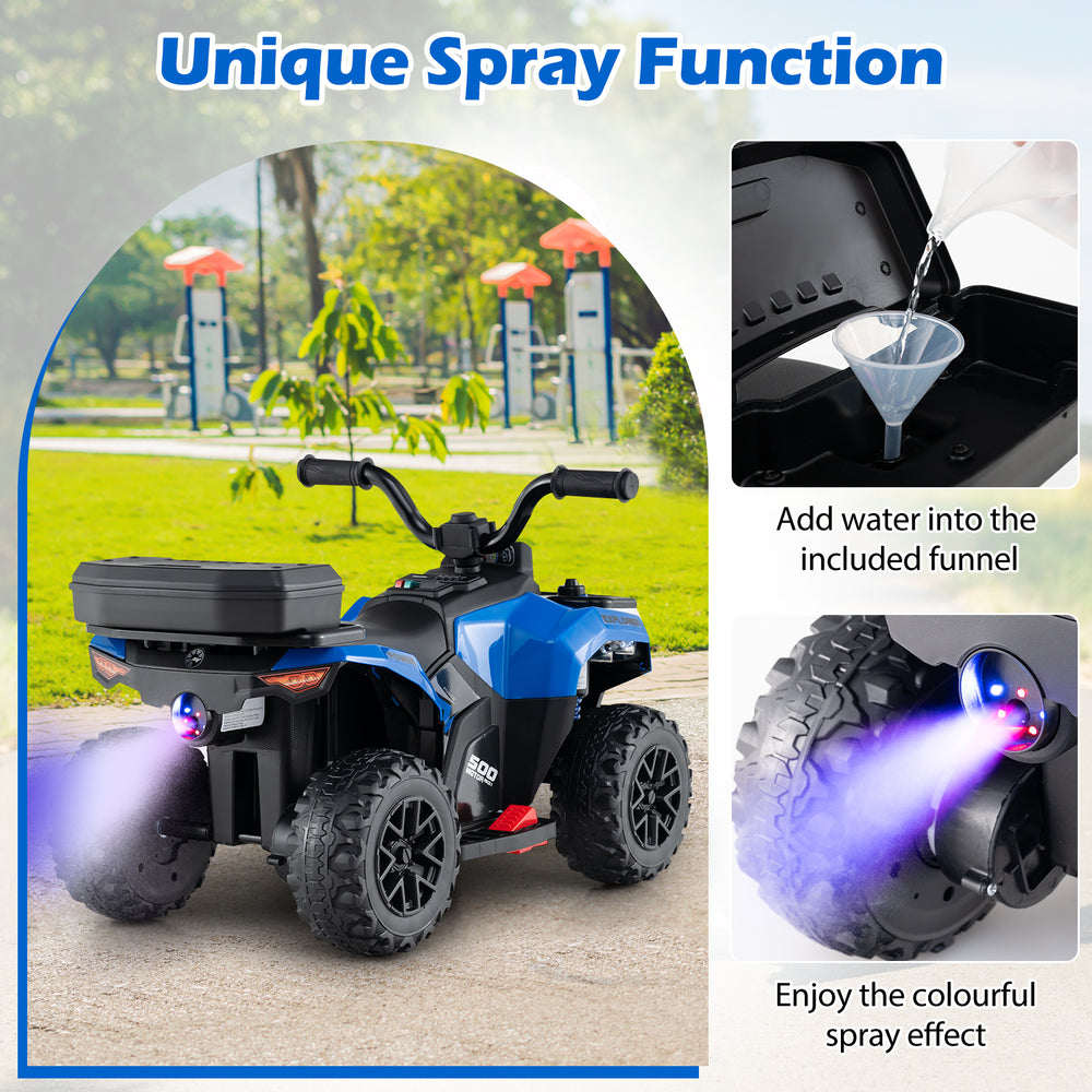 6V kids ride-on ATV in blue with unique spray function, storage box, and music for fun outdoor adventures.