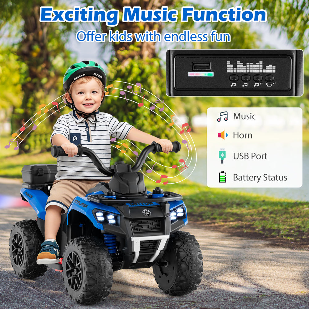 Blue 6V Kids Ride On ATV with music, horn, and spray function, featuring a storage box for endless outdoor fun.