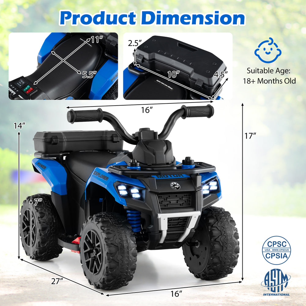 6V Kids Ride On ATV in blue with storage box, spray function, and music for safe, fun outdoor adventures.
