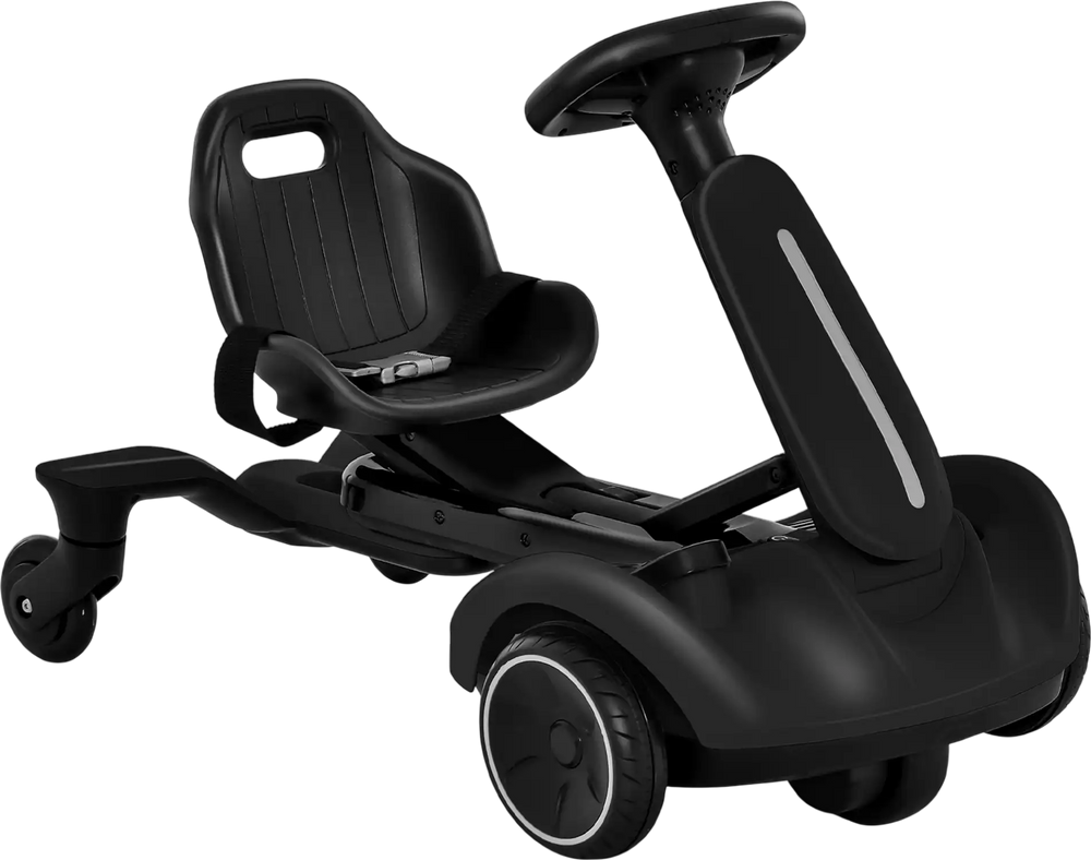 Kids ride-on drift car in black with adjustable seat, 360° spin, and safety features for thrilling outdoor fun.