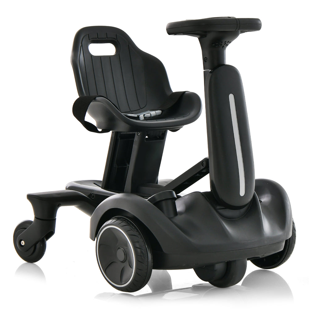 Black 6V kids ride-on drift car with adjustable seat, 360° spin, and safety belt for thrilling adventures.