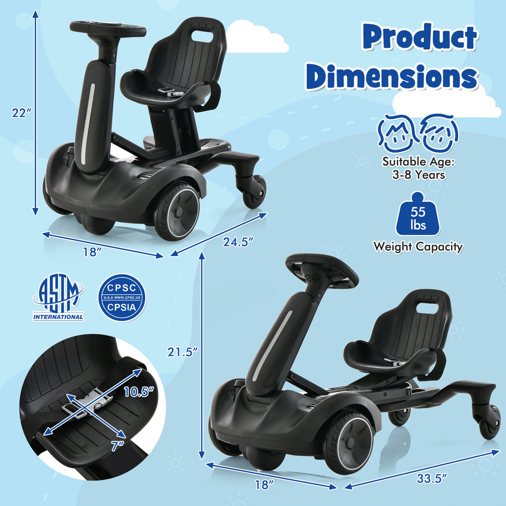 Kids ride-on drift car in black with adjustable seat, 360° spin, and safety features for ages 3-8 years.