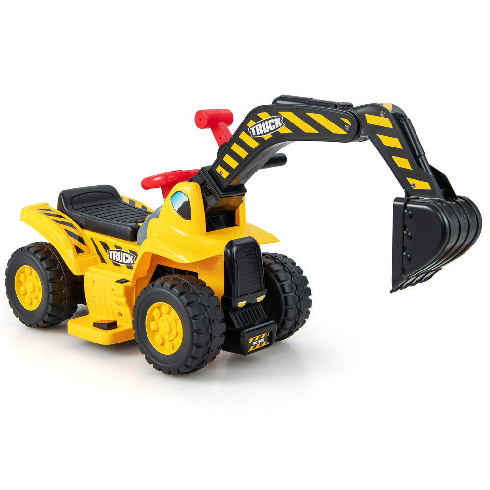 Kids ride-on excavator in yellow with a working bucket, steering wheel, and foldable basketball hoop for outdoor fun.