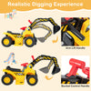 Kids ride-on excavator with arm lift and bucket control handles for a realistic digging experience and fun playtime.