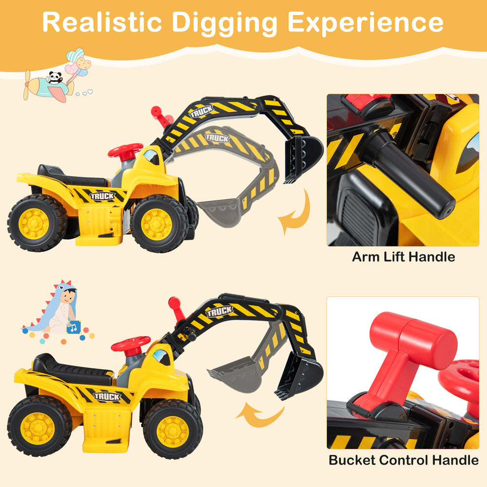Kids ride-on excavator with arm lift and bucket control handles for a realistic digging experience and fun playtime.