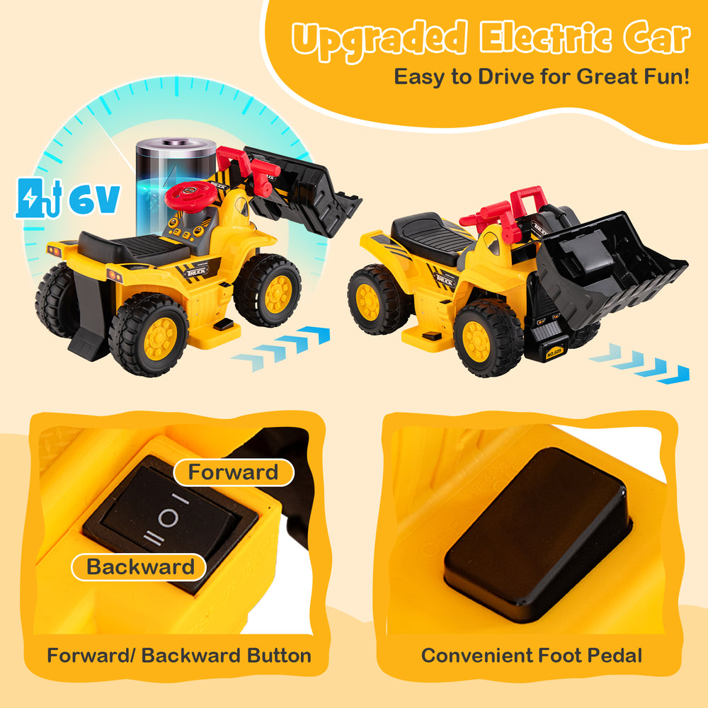 Kids ride-on bulldozer with adjustable arm, forward/backward button, and folding basketball hoop for fun outdoor play.
