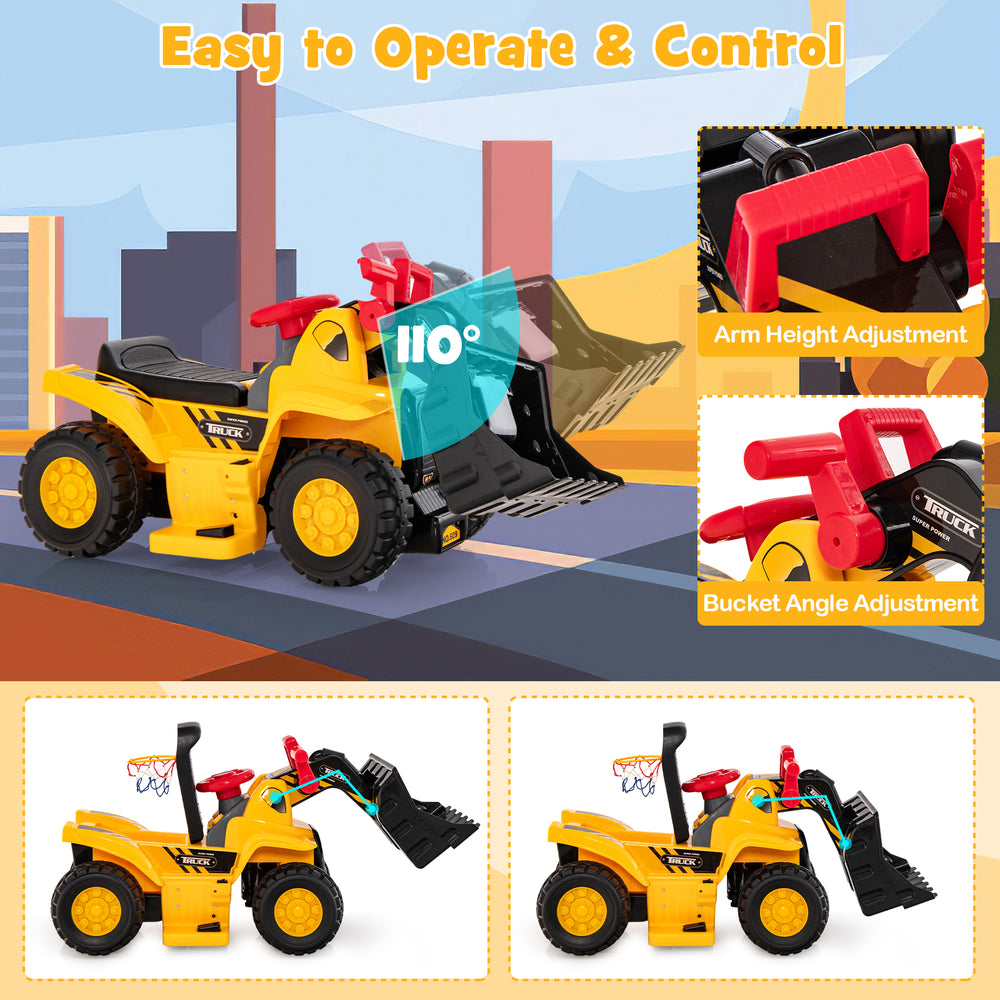 Kids ride-on bulldozer with adjustable arm height and bucket angle, featuring sound effects and a folding basketball.