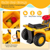 Under seat storage of the 6V Kids Ride On Bulldozer, featuring space for toys, a baby bottle, and a charger.