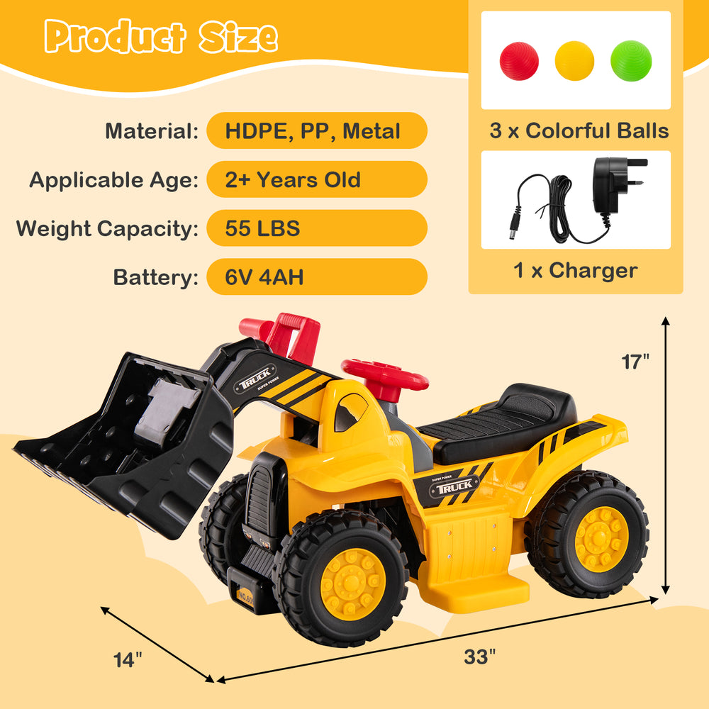 Kids ride-on bulldozer in yellow with adjustable bucket, folding basketball hoop, and three colorful balls for fun play.