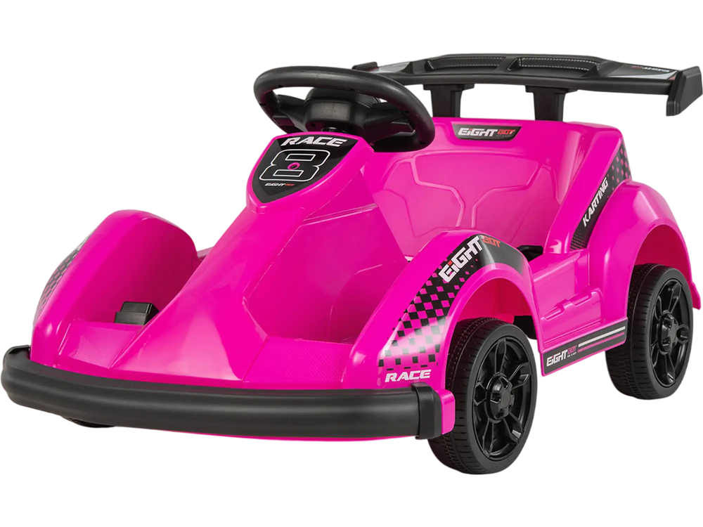 Pink 6V kids ride-on go-kart with remote control, safety belt, and spacious seat for fun and secure driving.