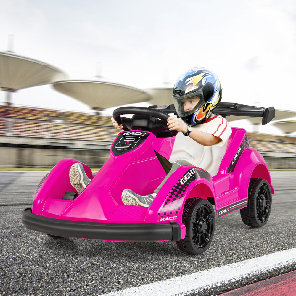 Kids ride-on go-kart in pink with remote control, safety belt, and spacious seat for fun and secure driving experience.