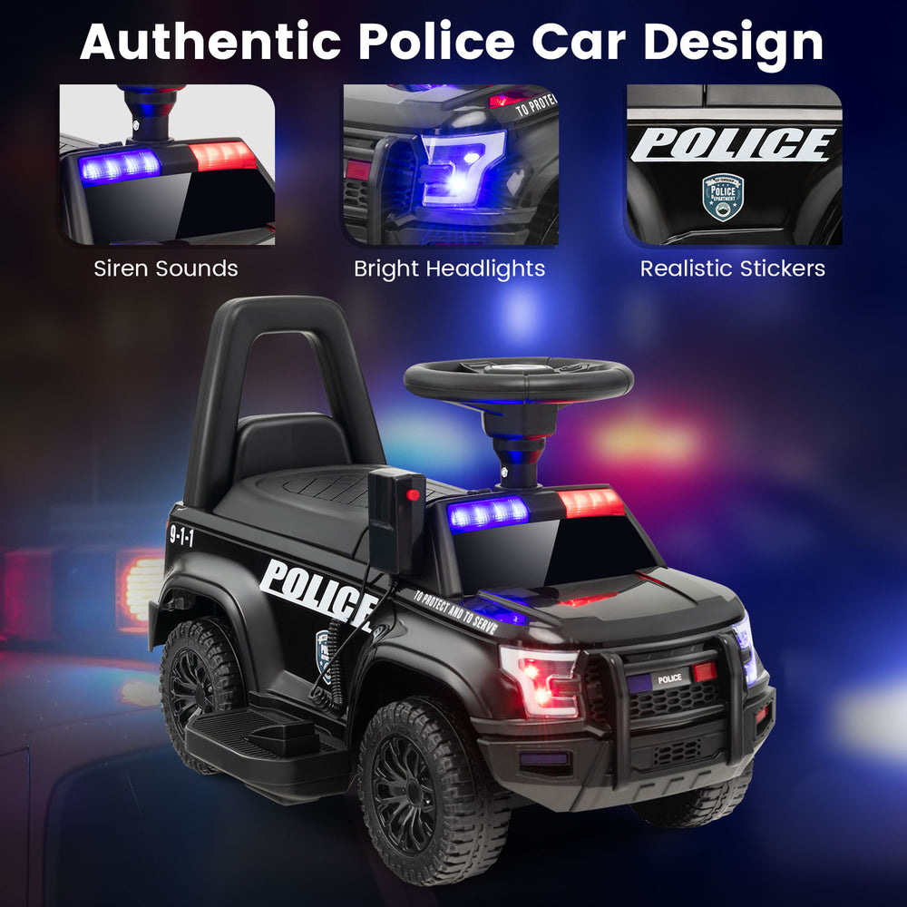 Kids ride-on police car in black with siren lights, realistic stickers, and steering wheel for fun outdoor adventures.