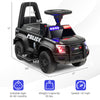 Kids ride-on police car in black with flashing lights, megaphone, and storage compartment for ages 18-60 months.