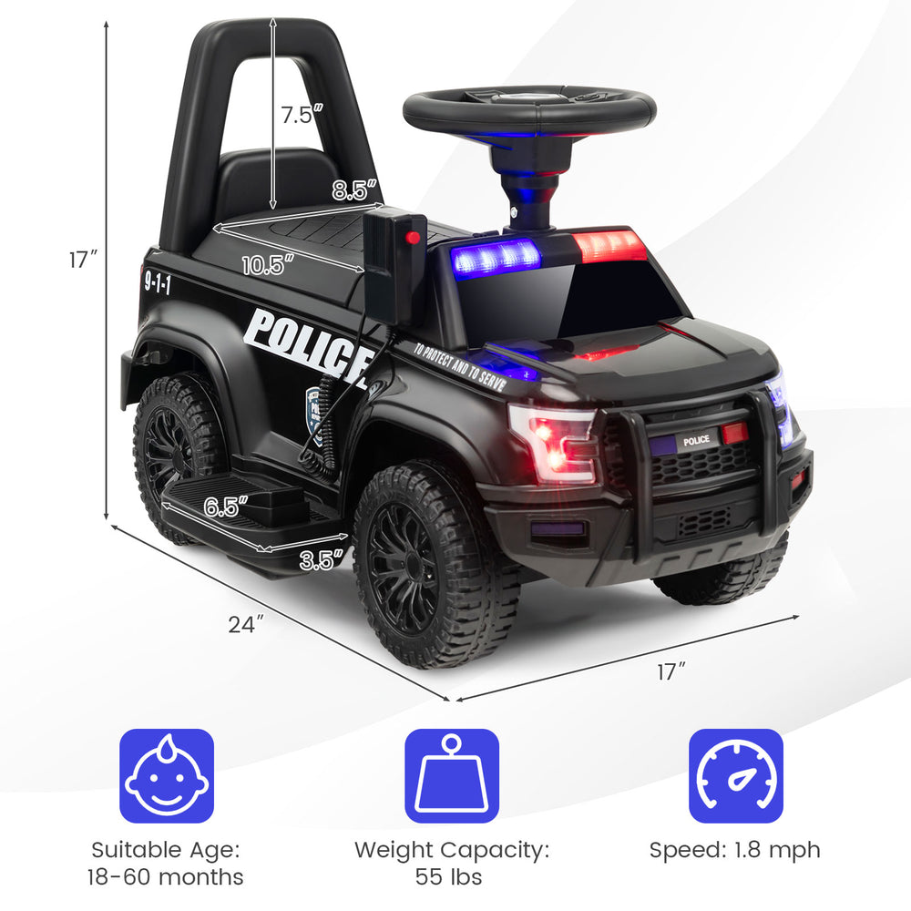 Kids ride-on police car in black with flashing lights, megaphone, and storage compartment for ages 18-60 months.