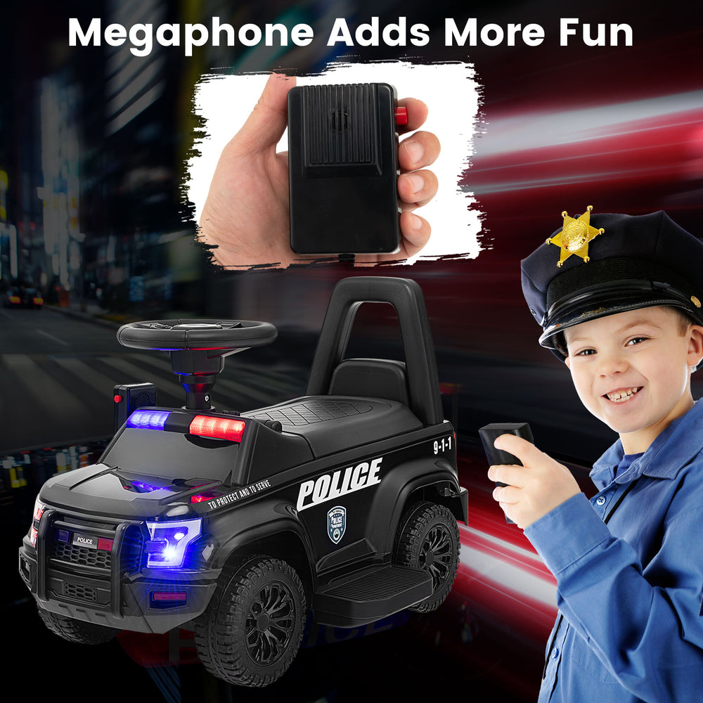 Kids ride-on police car in black with megaphone, siren lights, and steering wheel for fun outdoor adventures.