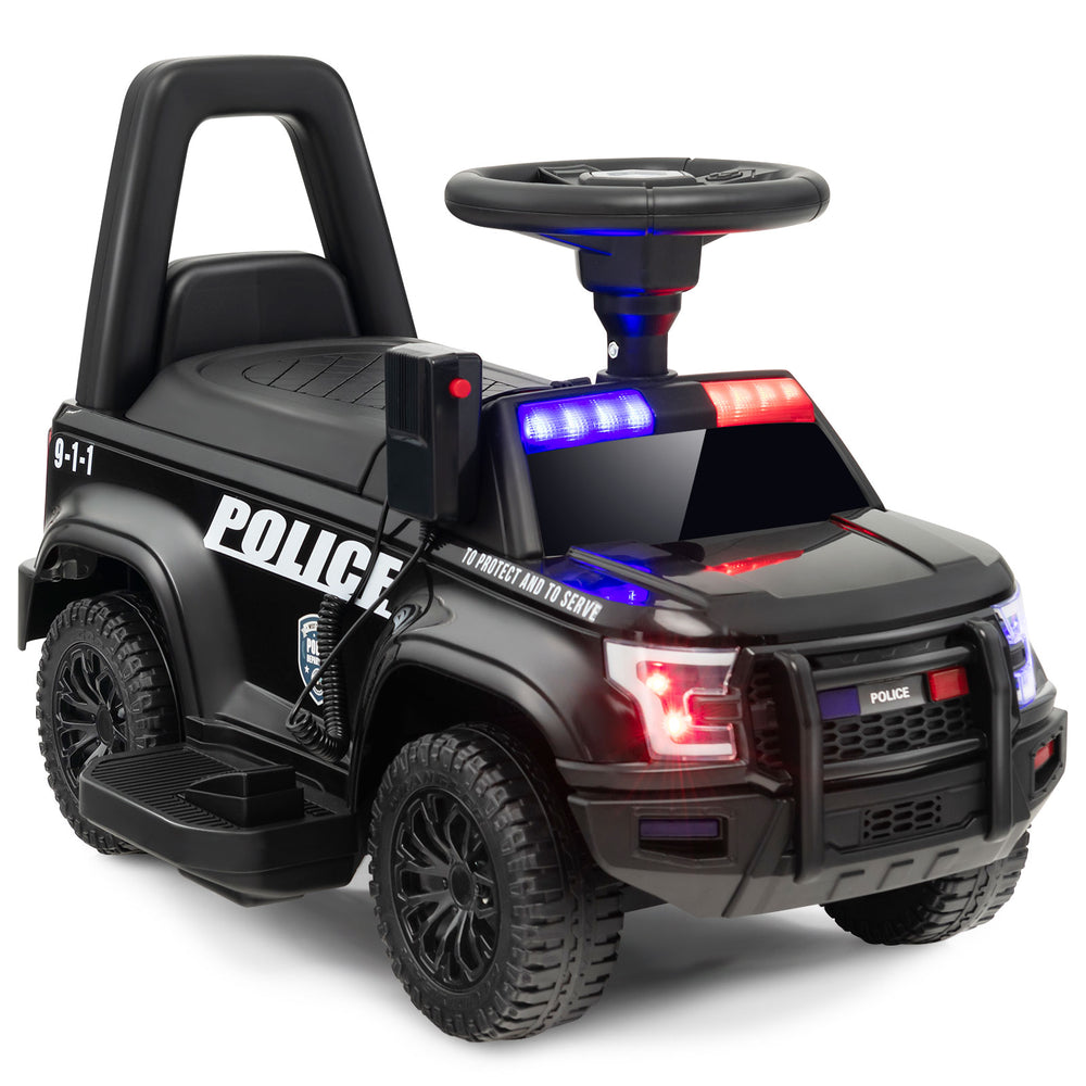 Kids ride-on police car in black with flashing lights, megaphone, and anti-slip wheels for a fun driving experience.
