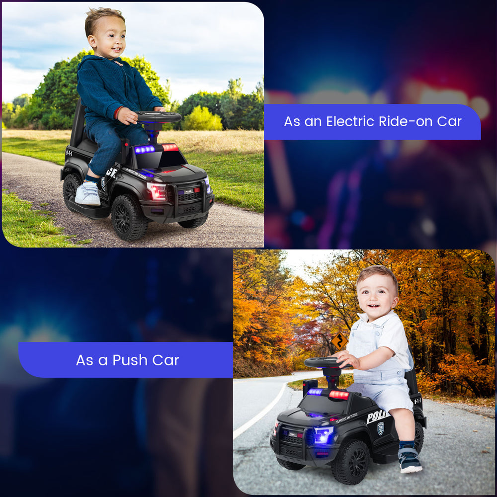 Kids ride-on police car in black with flashing lights, megaphone, and push car option for fun outdoor play.